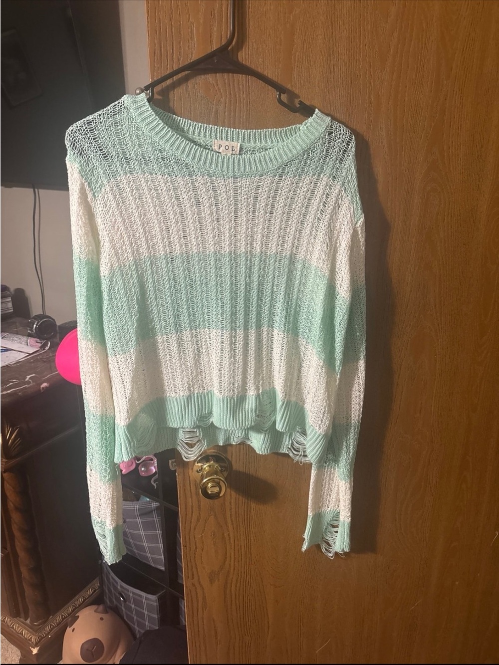 POL Mint Green & White Open Knit Pullover